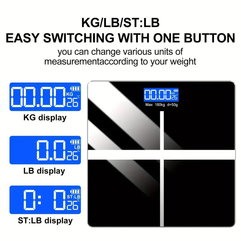 Upto 180kg iScale Rechargeable Weight Machine - 8mm Tempered Glass - Digital Heavy Duty Electronic Weighing Scale with Dual LED Display - Heavy Electric Weight Machine With Durable Steel Quality - For Home & Personal Use - Black//Blue/Silver