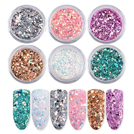 6 boxes/setvLaser Mixed Nail Glitter Powder Sequins Shinning Colorful Nail Flakes 3d Charm Dust For Nail Art Decorations