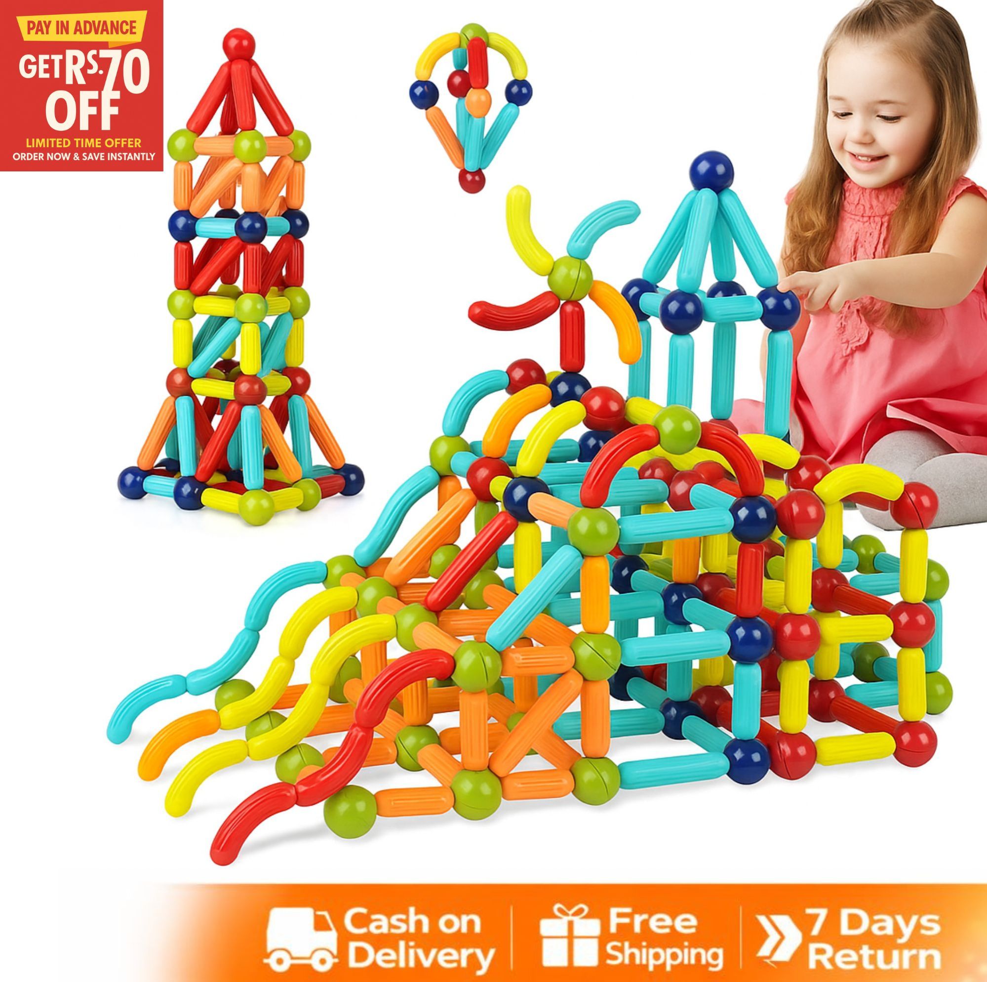 64 Pieces Magnetic Toys Building Blocks  Magnetic Blocks  Toddler STEM Sticks Toy  Learning Educational Block Games Stacking Toys Magnet Blocks