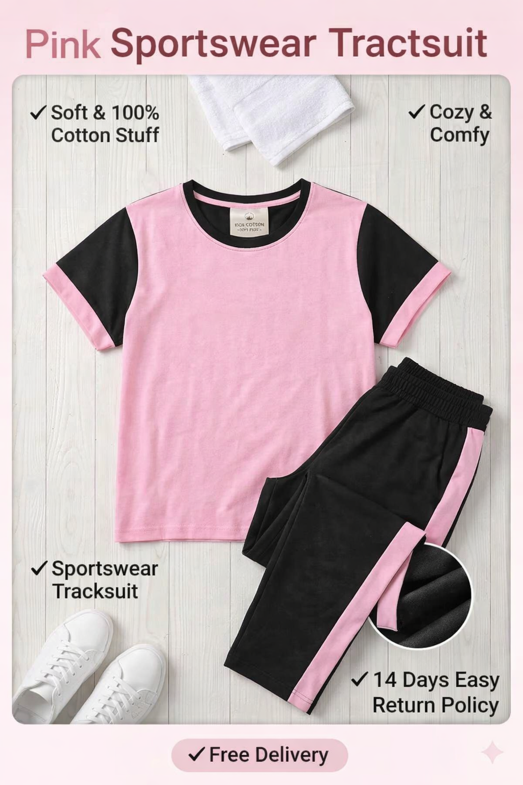 Pink & Black 2 Piece Tracksuit Gym Wear Set – Black Contrast Stripe T-Shirt & Trouser Co-Ord Set – Soft Stretch Jersey Fabric – Casual Wear, Sportswear, Yoga Suit, Running Outfit For Girls & Ladies, Tees Dress Girls Dress Gym Tracksuit SoprtsWear casual