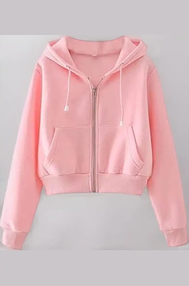 High-Quality Zip-Up Crop Hoodie with Drawstring for Women - Plain Plain Pattern in Black/Pink