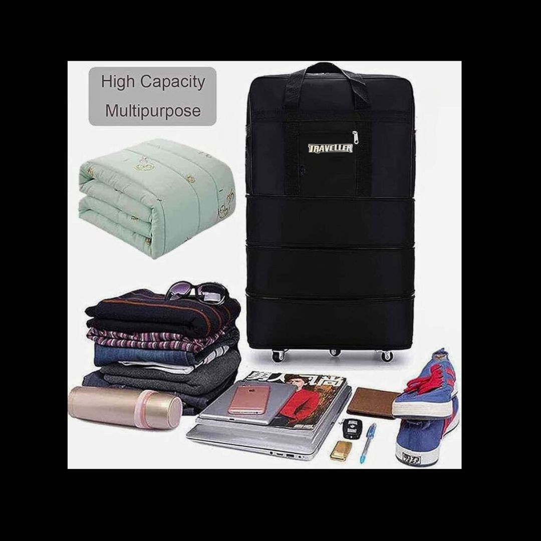 Expandable Suitcase Bag Foldable Rolling Luggage Bag 3 Lays Waterproof Oxford Duffle Bag Suitcase 6 Wheels for Men Women Lightweight Suitcases Travel Duffel Bags (Black)