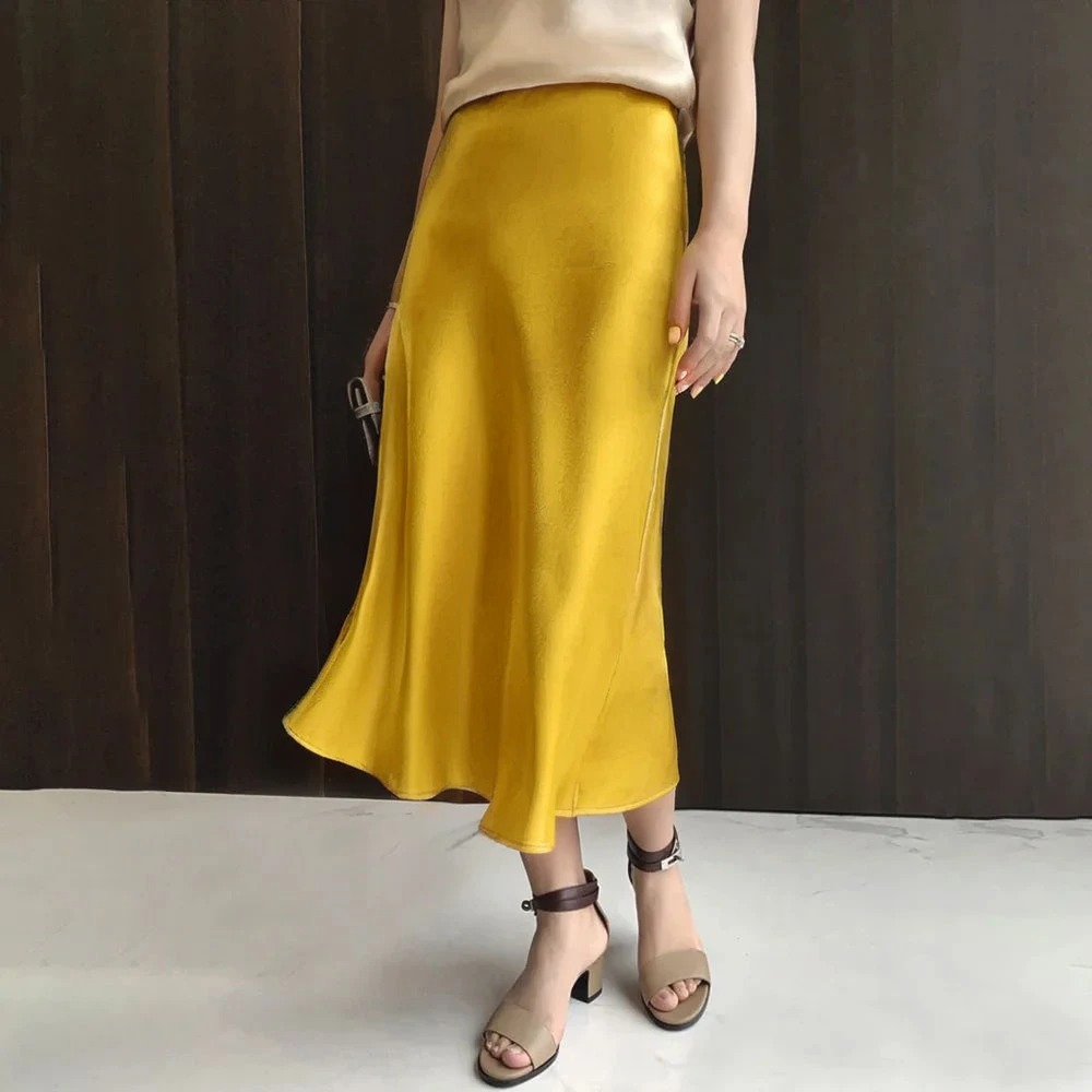 Premium Silk Casual Spring/Summer 2025 Long Solid Fishtail Skirt for Women - Elegant, Comfortable, Versatile (XS-XL)