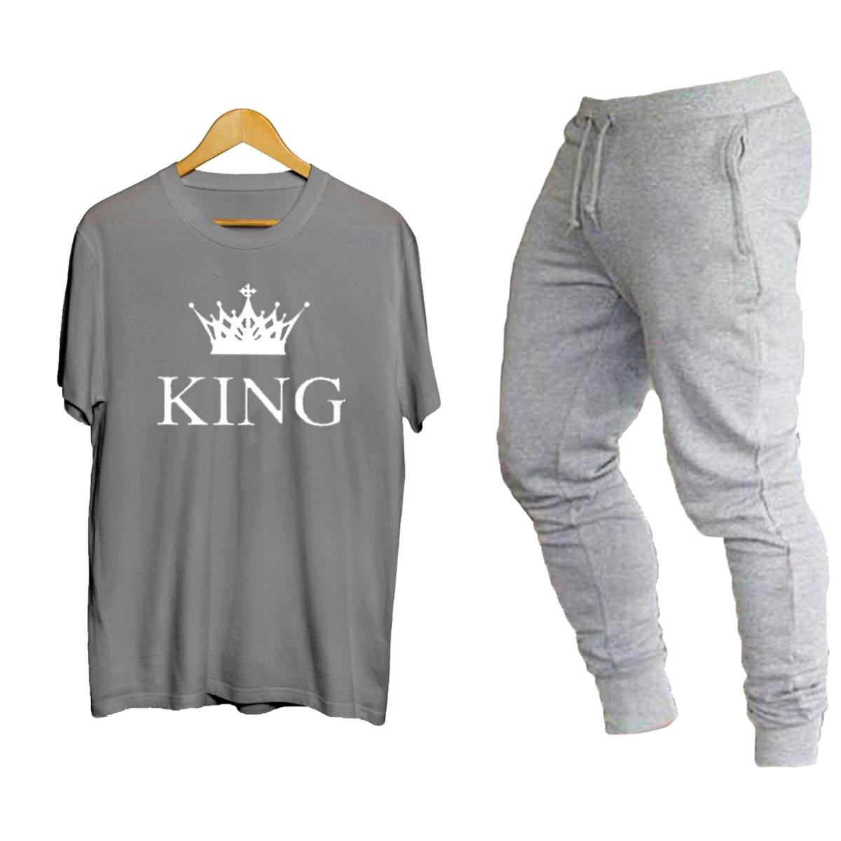 Pack Of King Printed T shirt And Grey Trouser Casual Cotton Half Sleeves Round Neck Tshirts Sports Track suit Gym Wear Summer 2 Piece Outfit For Men