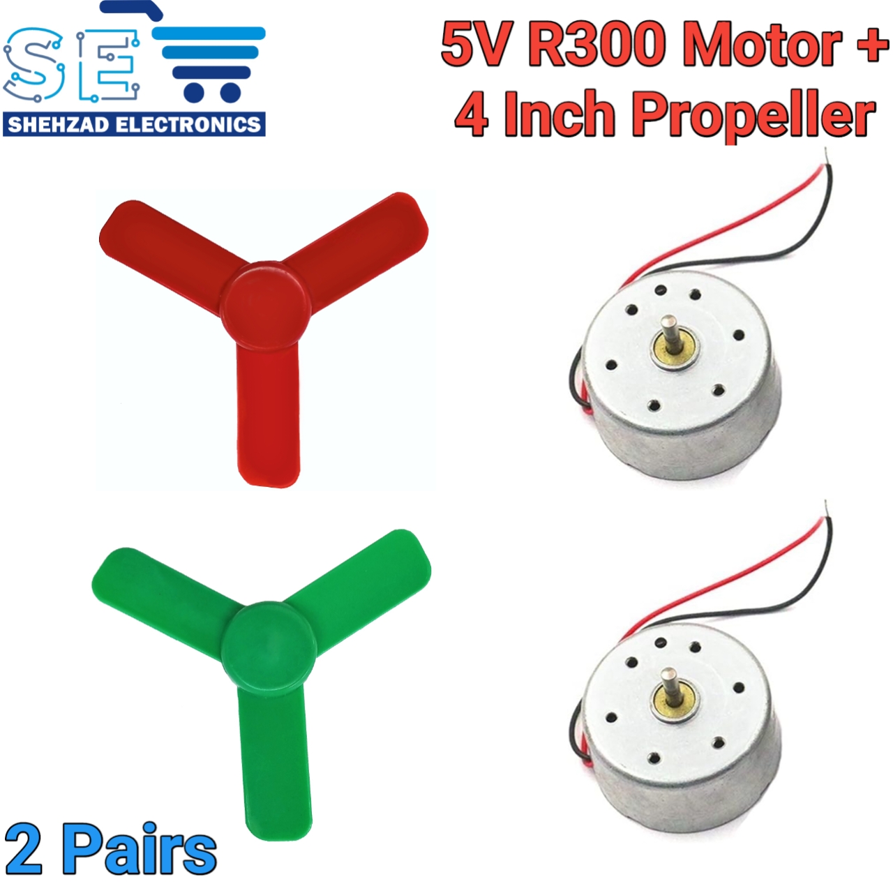 2 Pairs 5V-9V R300 DC Motors Plus 4 Inch Plastic Fan Propellers Set for DIY Projects