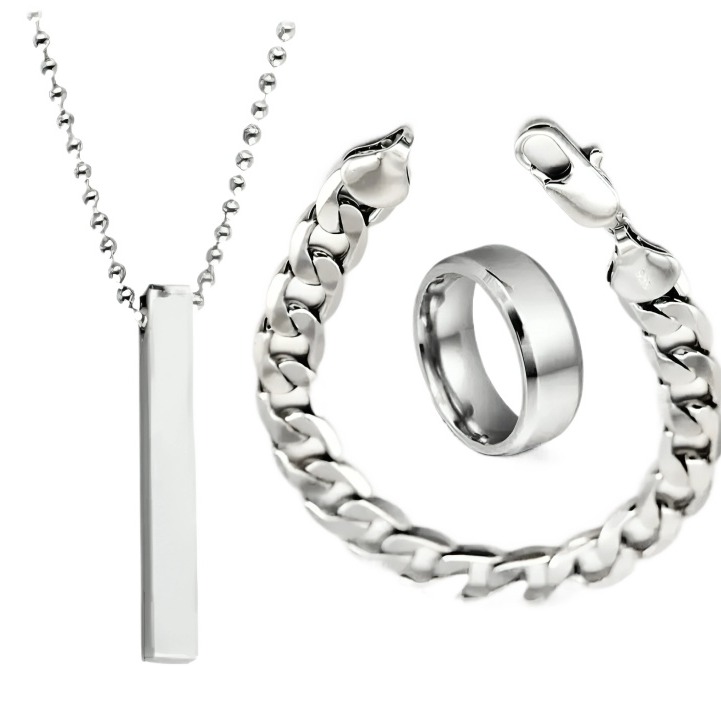 3 Piece Fashion Charm Jewelry For Men Best Quality Stainless steel 3D Bar Stick Locket +Stainless steel Titanium Silver Ring +Stainless steel Silver Chain Bracelet For Boys And Men