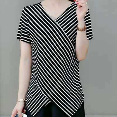 Fashion Blusas Para Mujer Women Summer Stripe One Shoulder Short