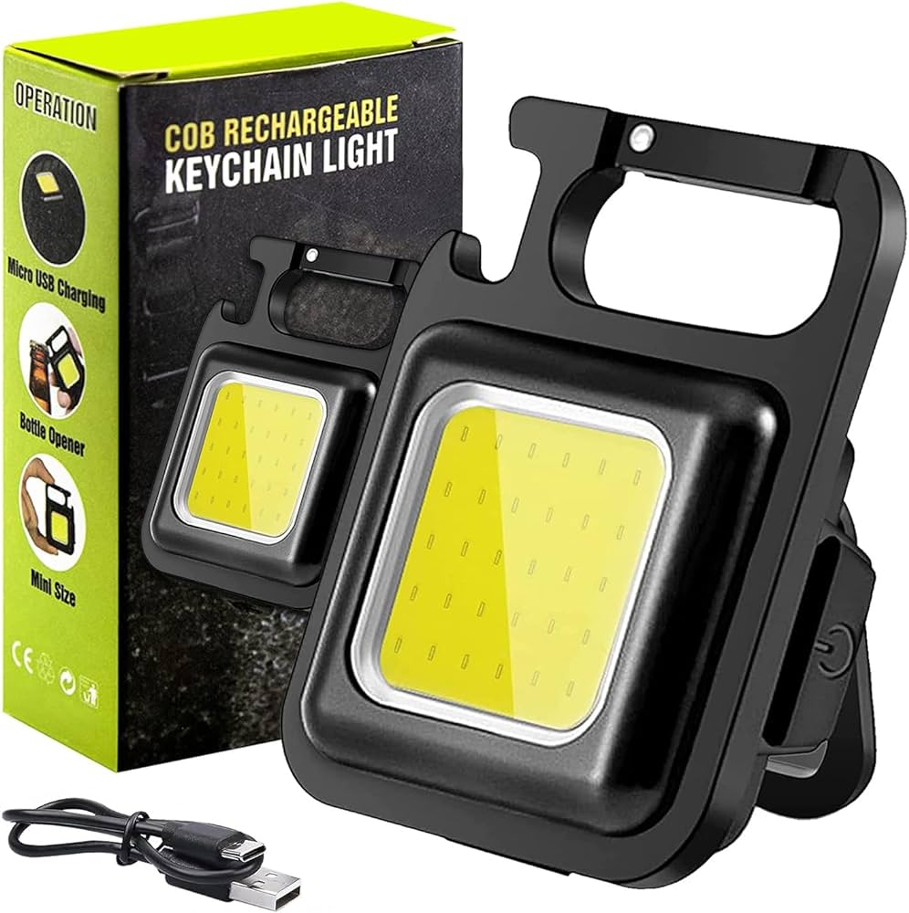 New Multifunction COB Rechargeable Keychain Mini Small High power Flashlight 3 Light Modes Portable Pocket work Light Key chain with Collapsible Folding Bracket Bottle Opener and Strong Magnet Base for Fishing Walking,Outdoor Recreation Hiking and Camping