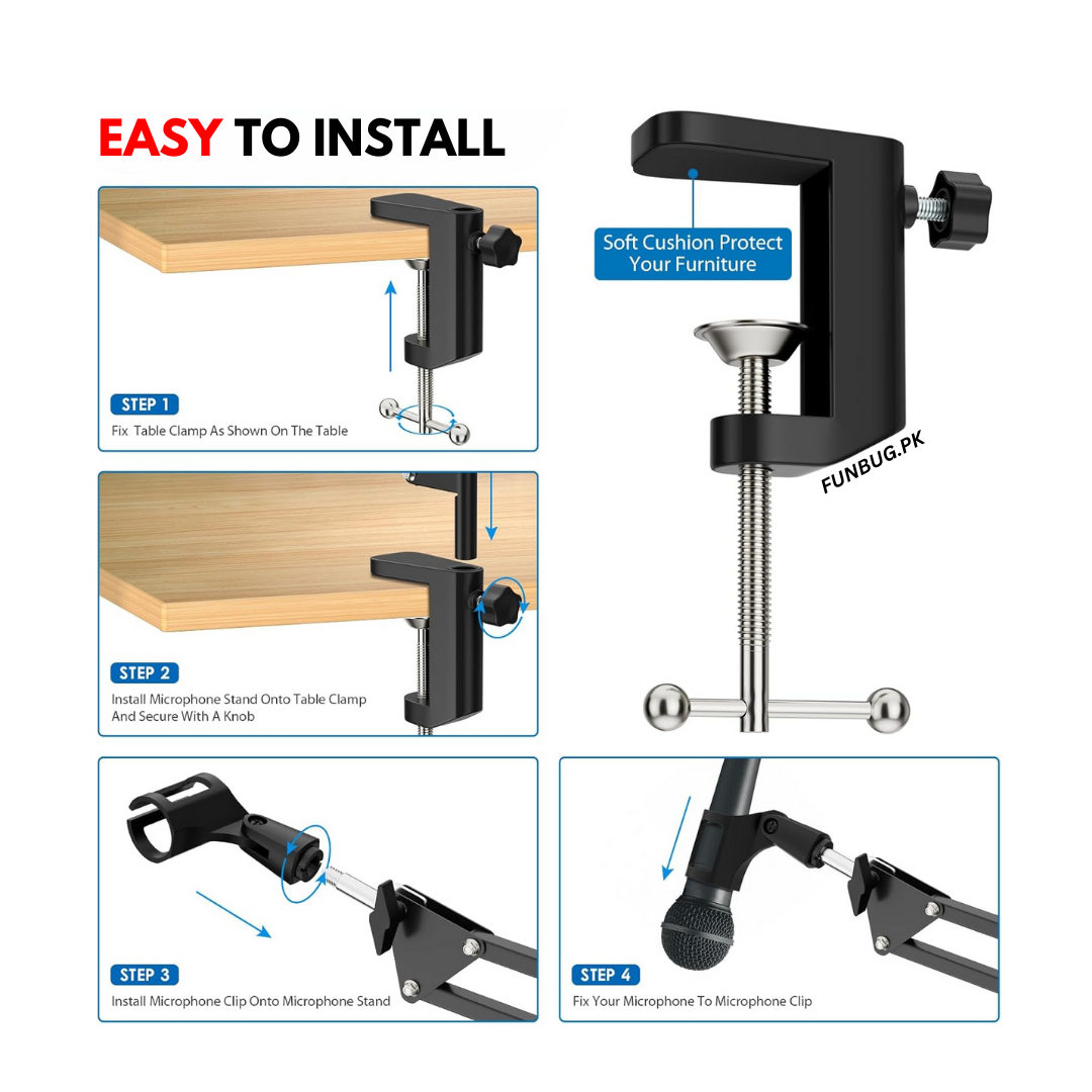 FunBug Professional Metal Scissor Arm Microphone Stand - Adjustable Desk Mount Boom Suspension Arm Stand for Studio, Office, Gaming, Streaming, Podcast - Mic Holder with Clamp for BM800 Condenser Microphone & All Other Mics - Black