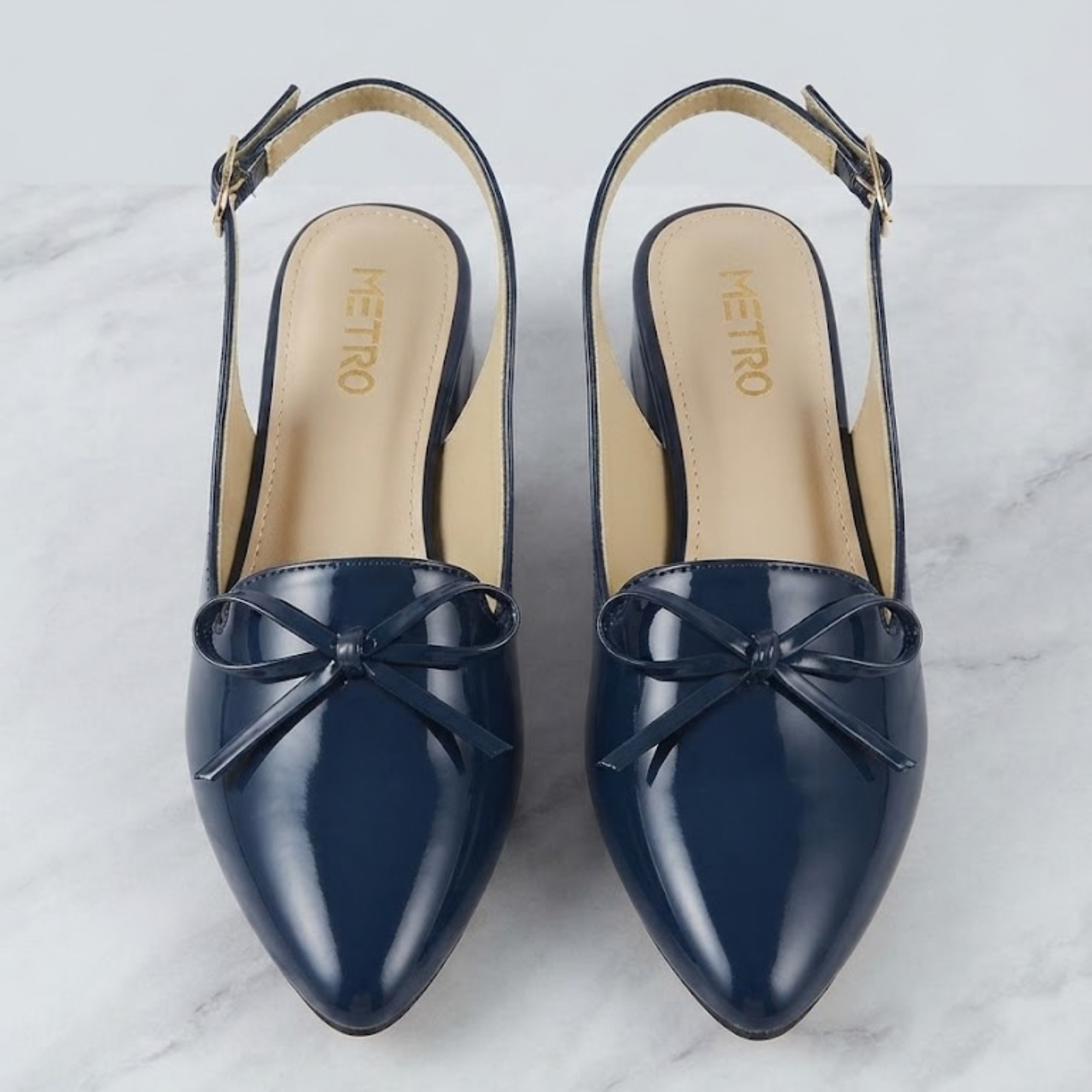 Women's Slingback Bow Flats - Pointed Toe Patent Finish - Navy & Beige
