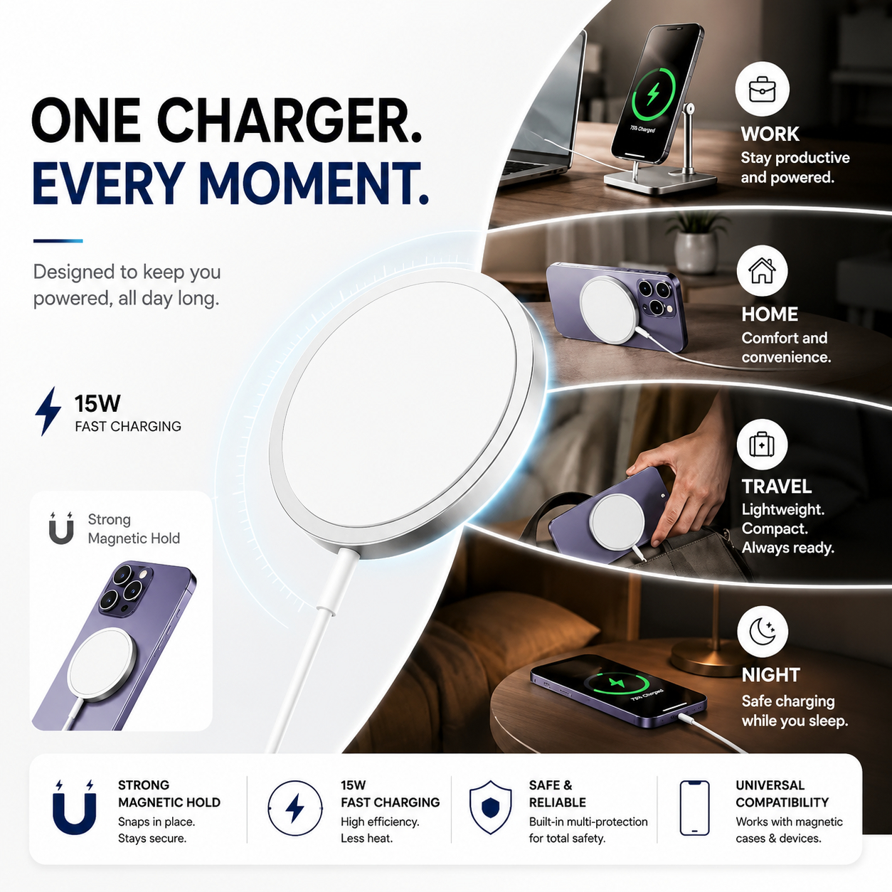 (STRONG MAGNETS + ANIMATION) Magnetic Wireless Charger 15W Fast Charging Pad with Strong Magnetic Secure Alignment, USB-C Cable Included, White