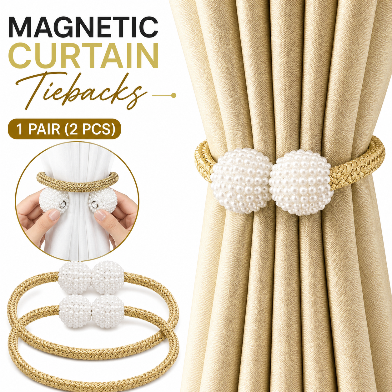2 PCS Magnetic Pearl Curtain Buckle Magnetic Curtain Tiebacks Convenient Drape Tie European Style Decorative Weave Rope Curtain Rings & Buckles Holder for Window Sheer Blackout Draperies, Braided Straps Ball Buckles,  Parday