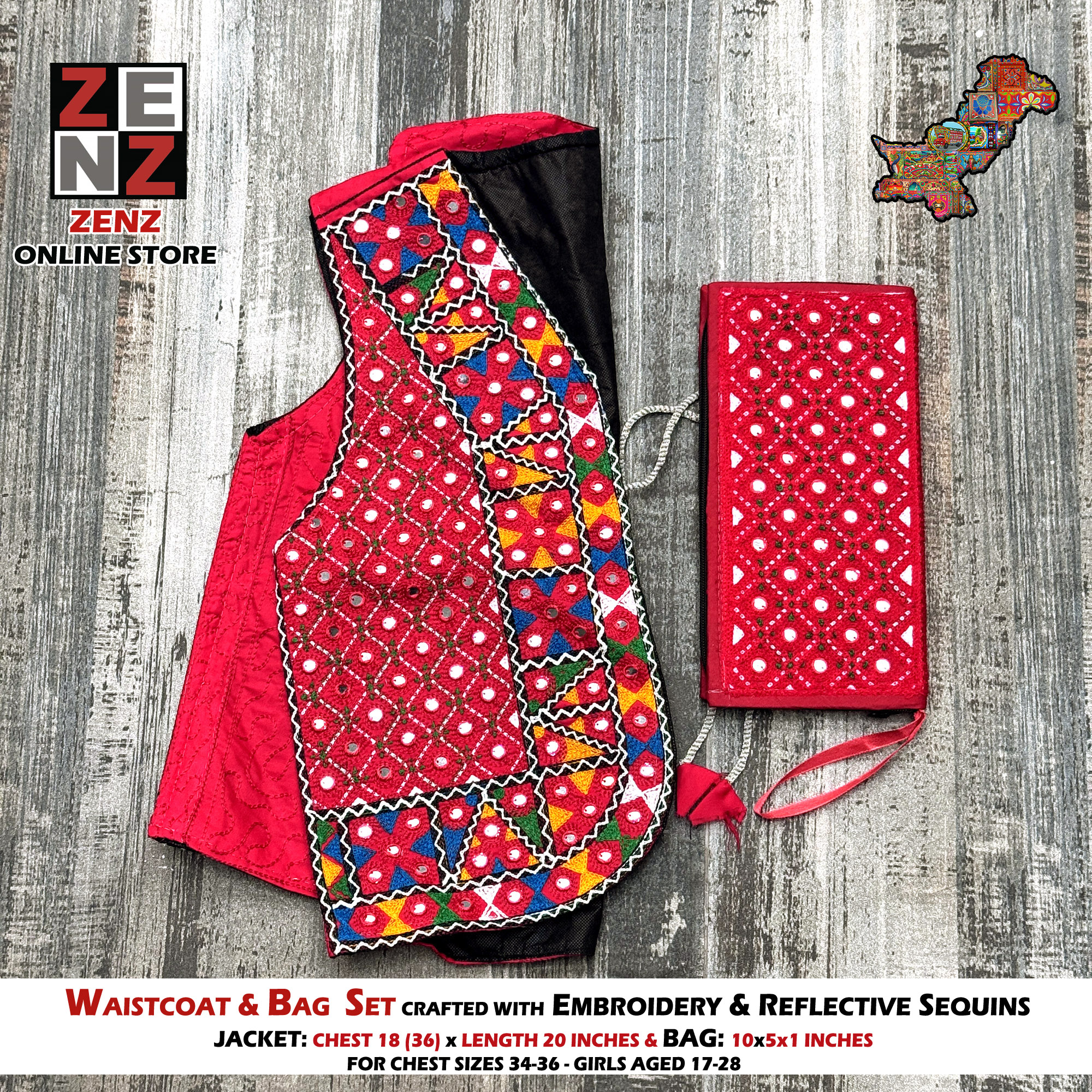 Pakistani Sindhi Embroidery Multicolour Waistcoat Koti & Purse Combo Set Vintage Traditional Wear Fashion Multicolour Embroidered