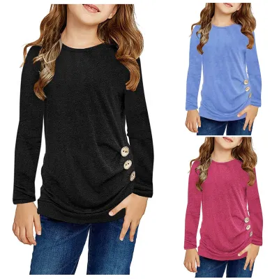 Tunic Tops T-Shirt Tee Kids Casual Girls Blouse Knot Front Sleeve Long  Girls Tops Cute Tee Shirt (Blue, 12-13 Years)