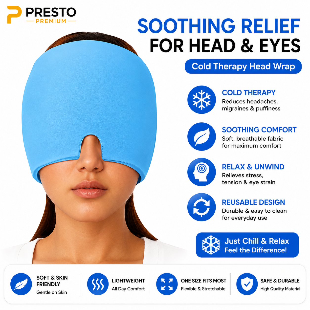PRESTO Premium Migraine Relief Ice Cap – Reusable Hot & Cold Therapy Headache Relief Hat for Men & Women | Cooling Gel Head Wrap for Migraine, Stress, Sinus Pain & Relaxation