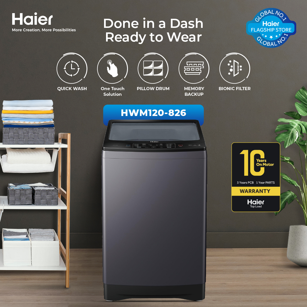 HWM 120-826S6 / Haier -12kg/ Quick Wash Series/Fully Automatic/ Top Loading Washing Machine/ 10 Years Brand Warranty.