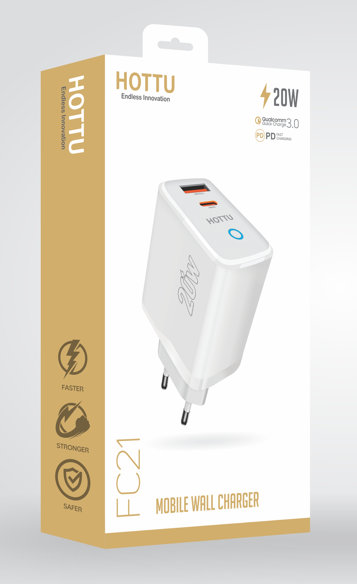 HOTTU FC21 20W USB+Type C Mobile Wall Charger QC 3.0, PD : Powerful and Versatile Fast Charging