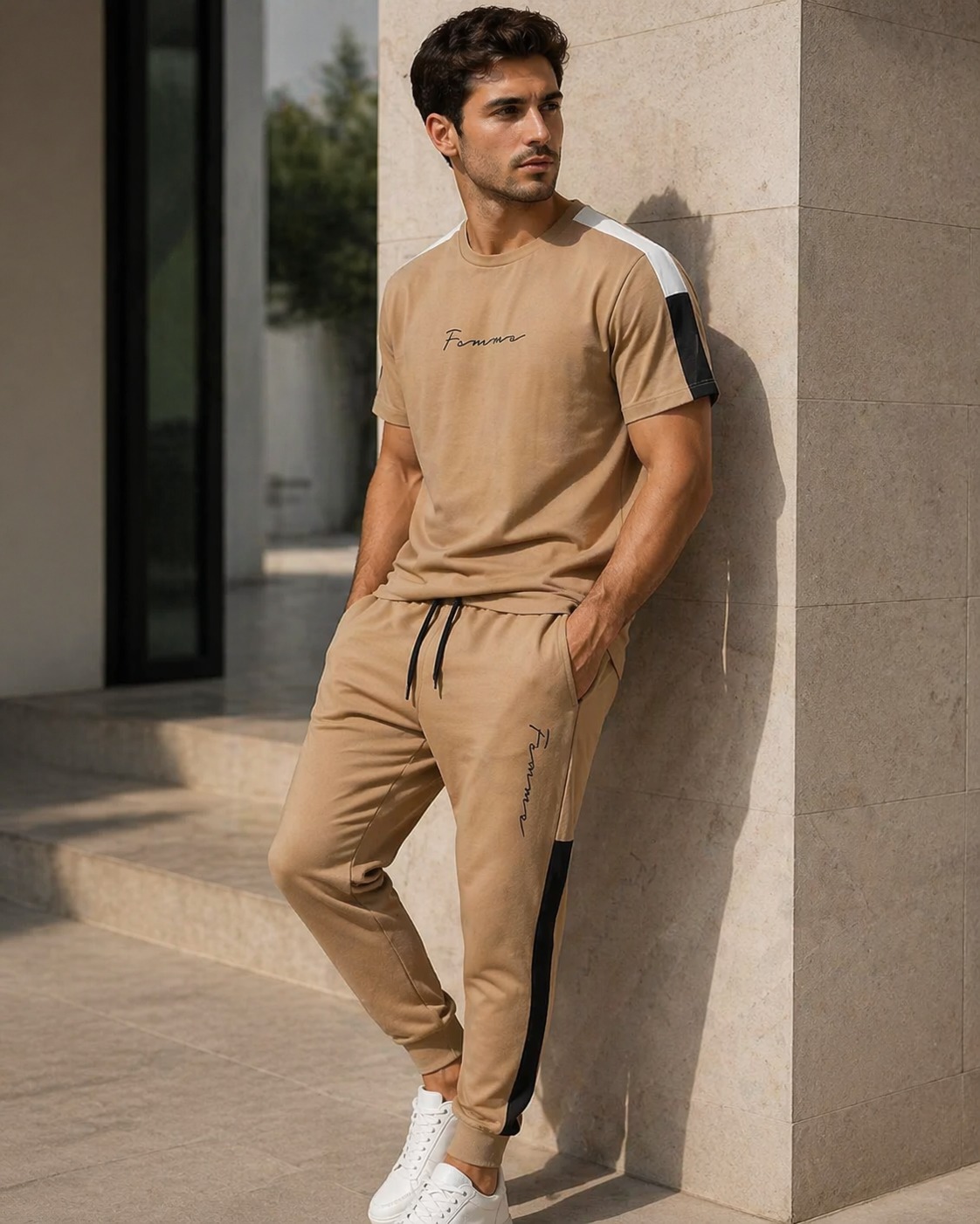 Summer Striped Tracksuit for Men Cotton Fabric Luxury Casual Style Trendy Design Brown