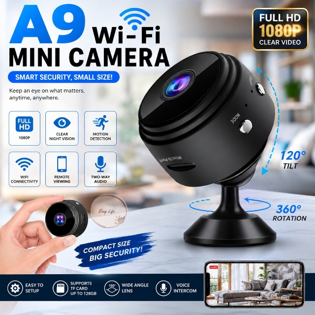 A9 Mini WiFi Camera HD 1080P | Rechargeable stand by only ( 2-3 hours ) Wireless Home Security Camera | Night Vision | Motion Detection | Magnetic 360° Camera | Mobile App Remote View | Voice Recording Supported