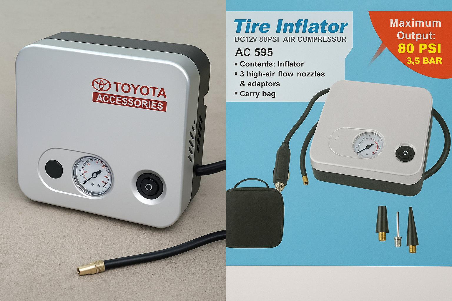 Toyota Dual-Function Air Compressor and Deflator Pump with Gauge, High-Flow Nozzles, and Carry Bag for Tires - New
