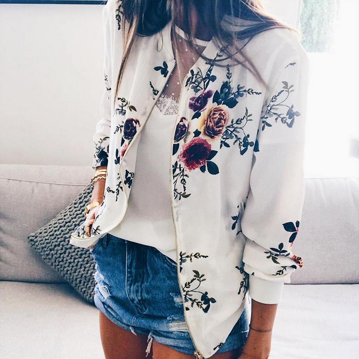 Women Floral Jackets Autumn Casual O Neck Zipper Print Pocket Bomber Jacket Retro Long Sleeve Female Outwears Plus Size Daraz.pk