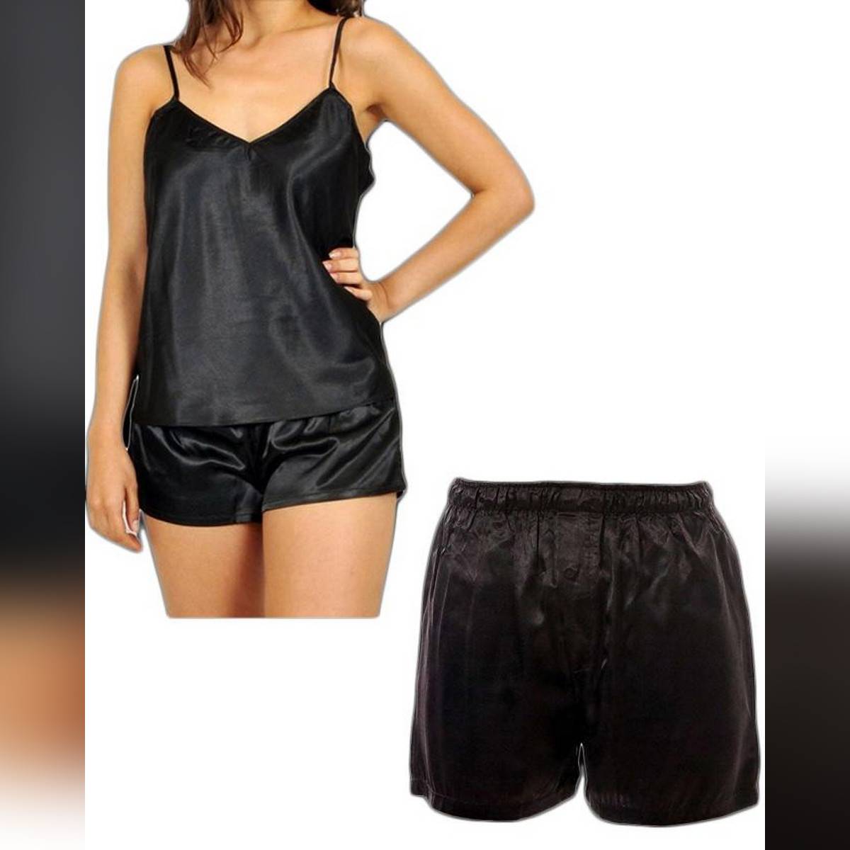 Valerie couple night suits pack of 2 set womens cami and mens boxer short silky satin nightwears for newly couples silky night dress silk couple sleep wear