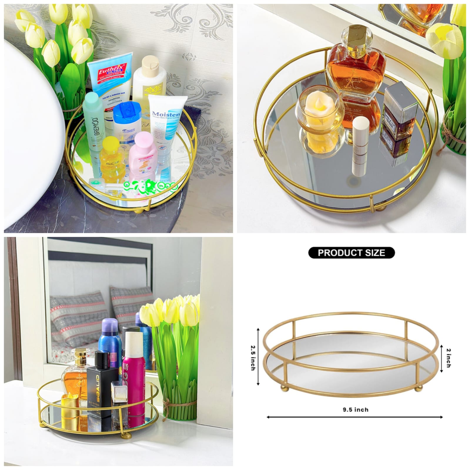 Glassy Golden Vanity Display with Mirror Cosmetics Makeup Organizer Tray round metal Shelf Acrylic Holder design for Lipsticks Cosmetic Brushes Eyeliners Nail Polishes