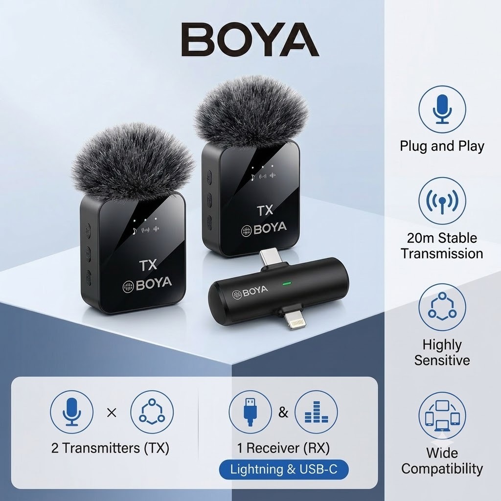 BOYA BY-V20 Dual Wireless Lav Microphone 2.4GHz Omnidirectional Clip-on Mic for Smartphones Tablets Cameras Vlogging Interviews