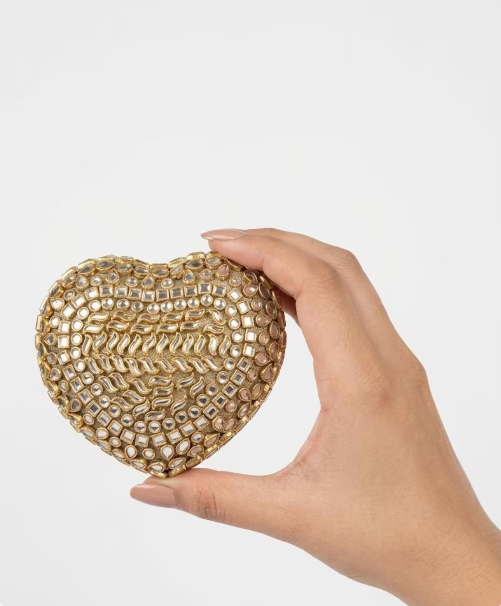 Most Trendy Mini Heart Metallic Kundan clutch  With Long Chain For Women & Girls