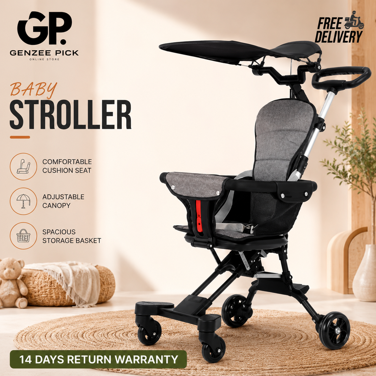 GenZee Pick Foldable Baby Stroller with Sun Canopy - Lightweight Pram For Baby with Storage Basket - Portable Baby Chair for Travel & Outdoor Use - Luxury Baby Stroller with Cushion Seat - Travel-Friendly Baby Accessories for Boys & Girls