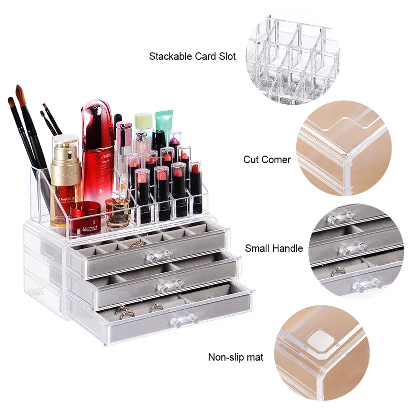 Sortwise 4 Drawer Acrylic Makeup Cosmetic Organizer With 4 Velvet, Jewelry Storage Display Case