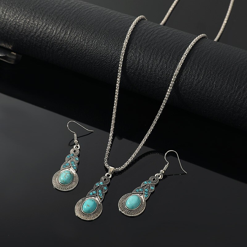 3PCS Vintage Turquoise Jewelry Set | Blue Crystal Pendant Necklace & Earrings for Men Women | Antique Silver Lantern Chain | Gift Jewelry |  Pakistan