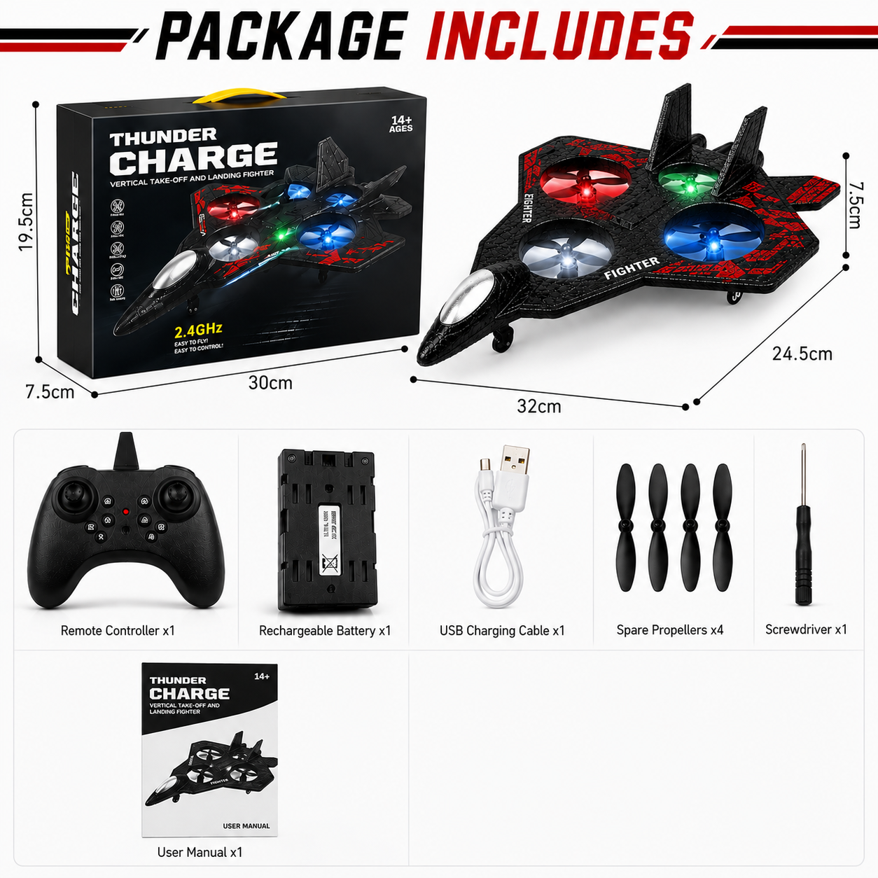 Remote Control Fighter plane RC Flying Jet 2.4GHz | Thunder Charge VTOL Fighter Aircraft | Vertical Take-Off & Landing | RC plane 360° Flips| LED Lights | Rechargeable | 50M Range | 4 Motors | 3 Speed Levels