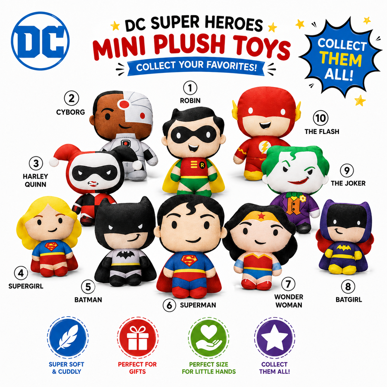 DC Super Heroes Mini Plush Toys (3 inches) – Superman, Batman, Wonder Woman & More | Soft Cuddly Stuffed Toys for Kids & Collectors