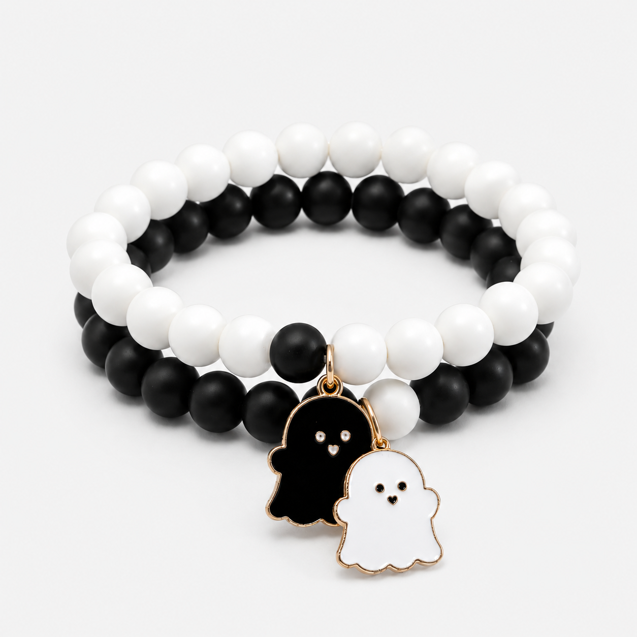 e-Cart Villa Bracelet for Girls and Women Matching Black White Matte Beads Ghost Charm Couple Bracelet Pack of 2 Korean Style Best Friend Friendship Stretch Bracelet