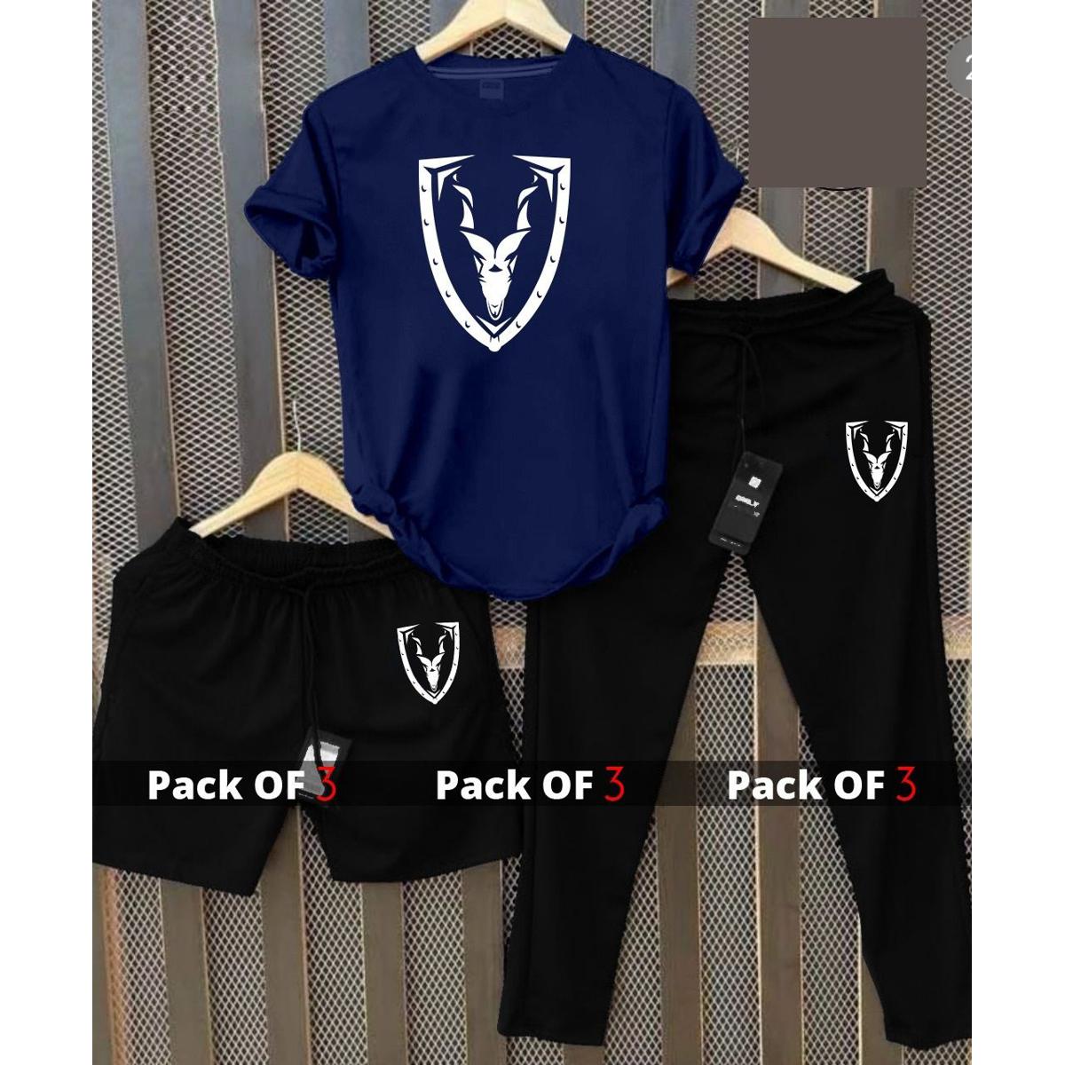 Pack of 3 Markhor Printed summer Tracksuit (T-Shirt + Trousers + Short)