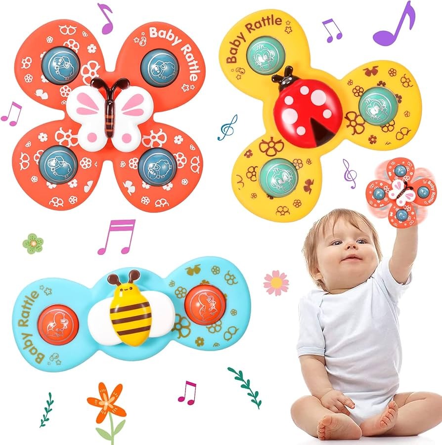 3 pcs Baby Rattle Set with Suction Cup Spinner Toys for On-the-Go Fun deal for Baby in Car Travel, Dining Table, and Bathroom Use