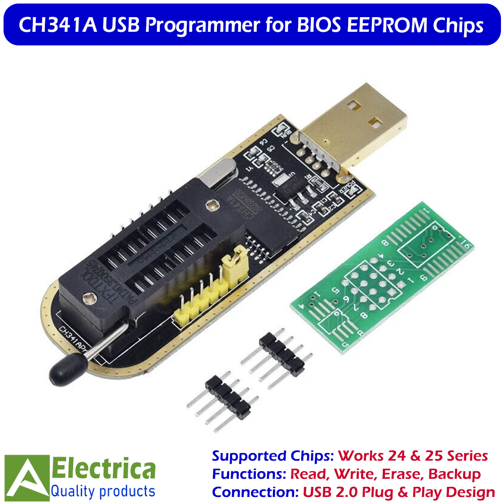 CH341A USB Programmer for EEPROM Flash Chips, 24 & 25 Series Programmer with ZIF Socket, Read Write Erase Backup by Electrica