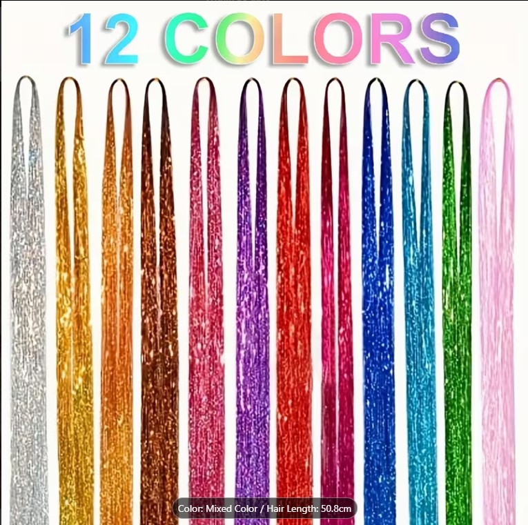12 Colors Fairy Tinsel Hair Extensions – 2000 Strands Shiny Glitter Hair Highlights | Sparkling Festive Hairpiece for Parties,  Christmas & New Year**