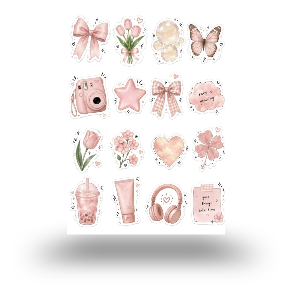 Pink Themed Aesthetic  Sticker Sheet | Journal Aesthetic Stickers - Uncut and A6 Sized (10x15cm) Art for Laptops, Journals, and More - Express Yourself Creatively for Girls and Boys