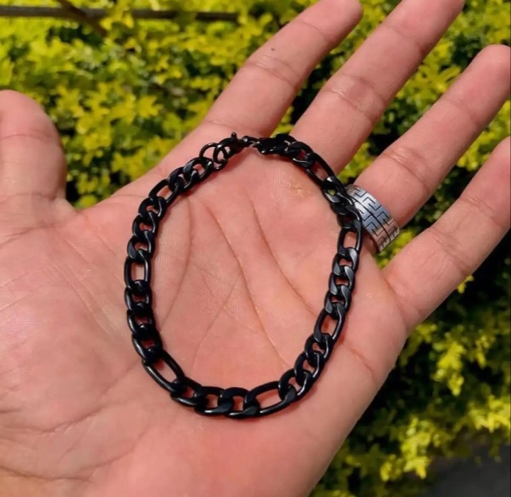 Black Punk Ring & Black Titanium Ring & Black Cuban Chain Bracelet – Pack of 3