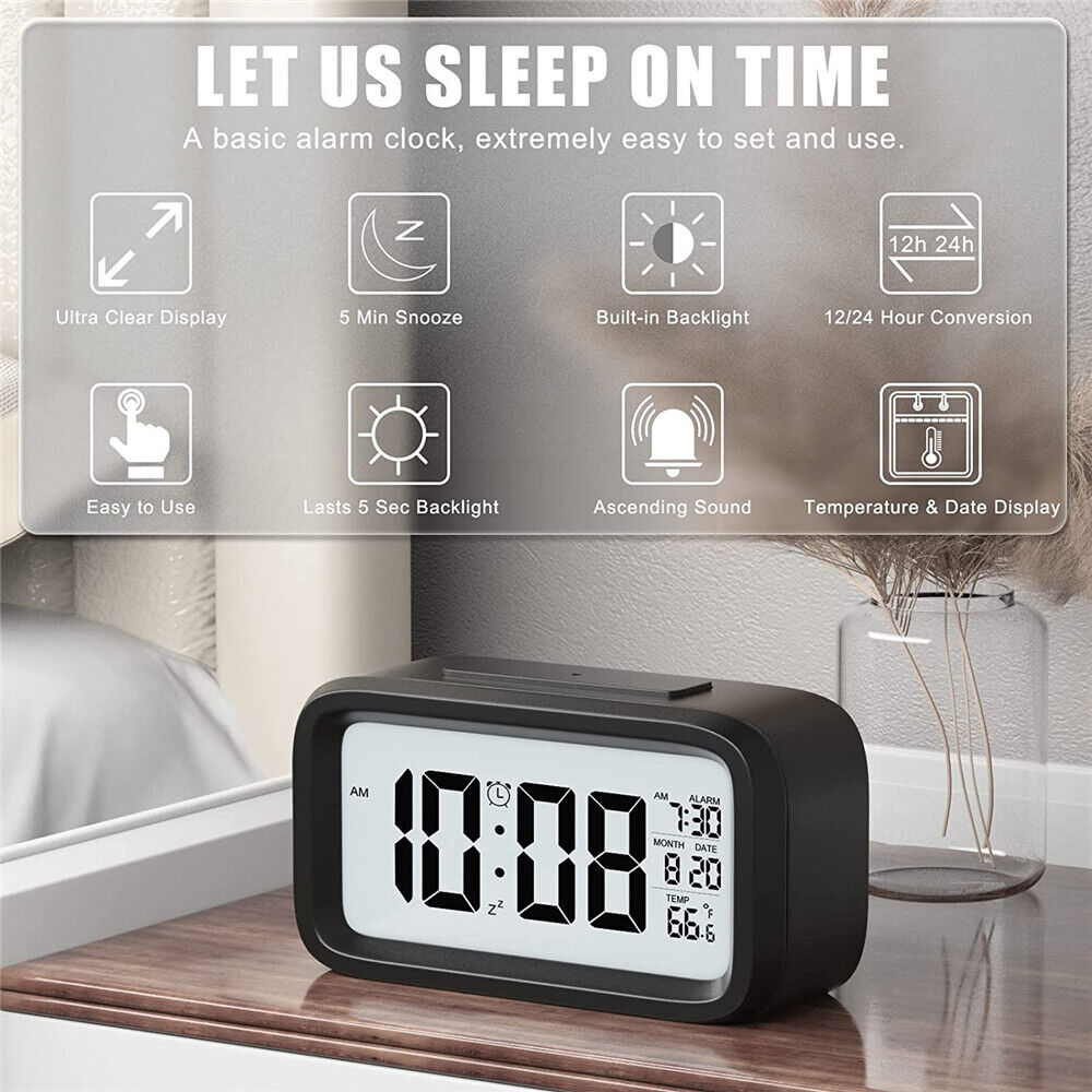 Digital Bedside LED Snooze Alarm Clock Time Temperature Day/Night