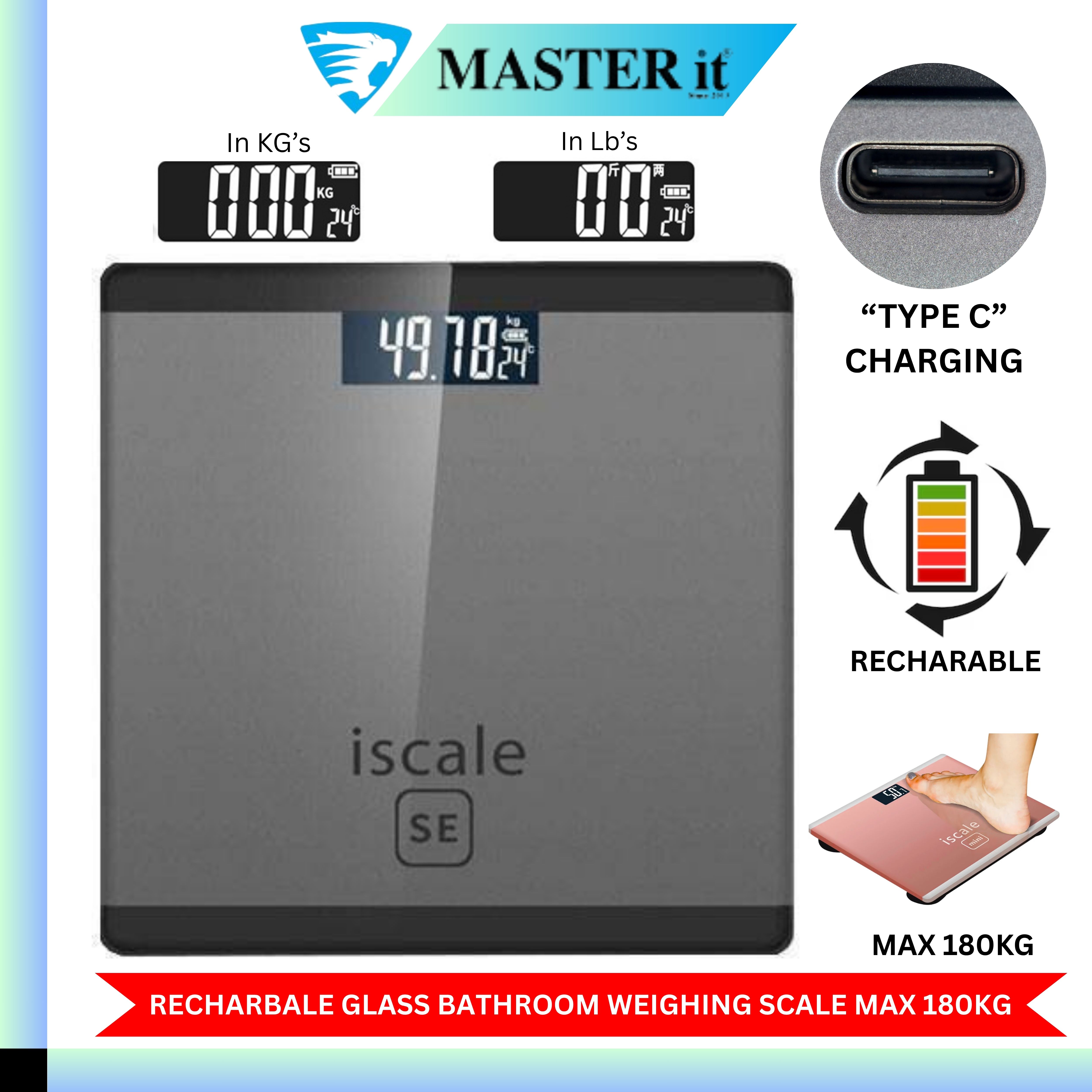 Upto 180kg iScale Type C Charging Rechargeable Weight Machine - Digital Heavy Duty Electronic Weighing Scale with Type C Charging Dual LED Display - Weight Machine With Durable Steel Quality - For Home & Personal Use - Black/Golden/Pink/Silver