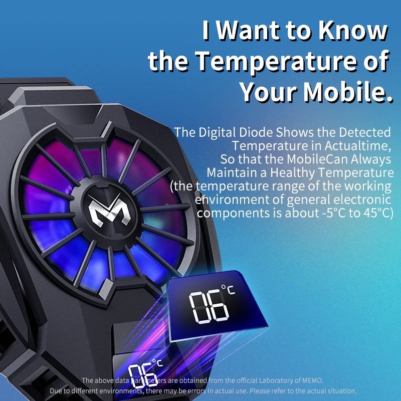 MEMO Dl05 Phone Radiator Mobile Cooling Fan Game Cooler RGB | LED Display | Gaming Fan For PUBG Phone Cooler , FREEFIRE - Gaming Case Cold Wind Handle Fan Cool Heat Sink Semiconductor Adjustable Mobile Game Cooler System Cooling Fan | Light Gamepad Holder