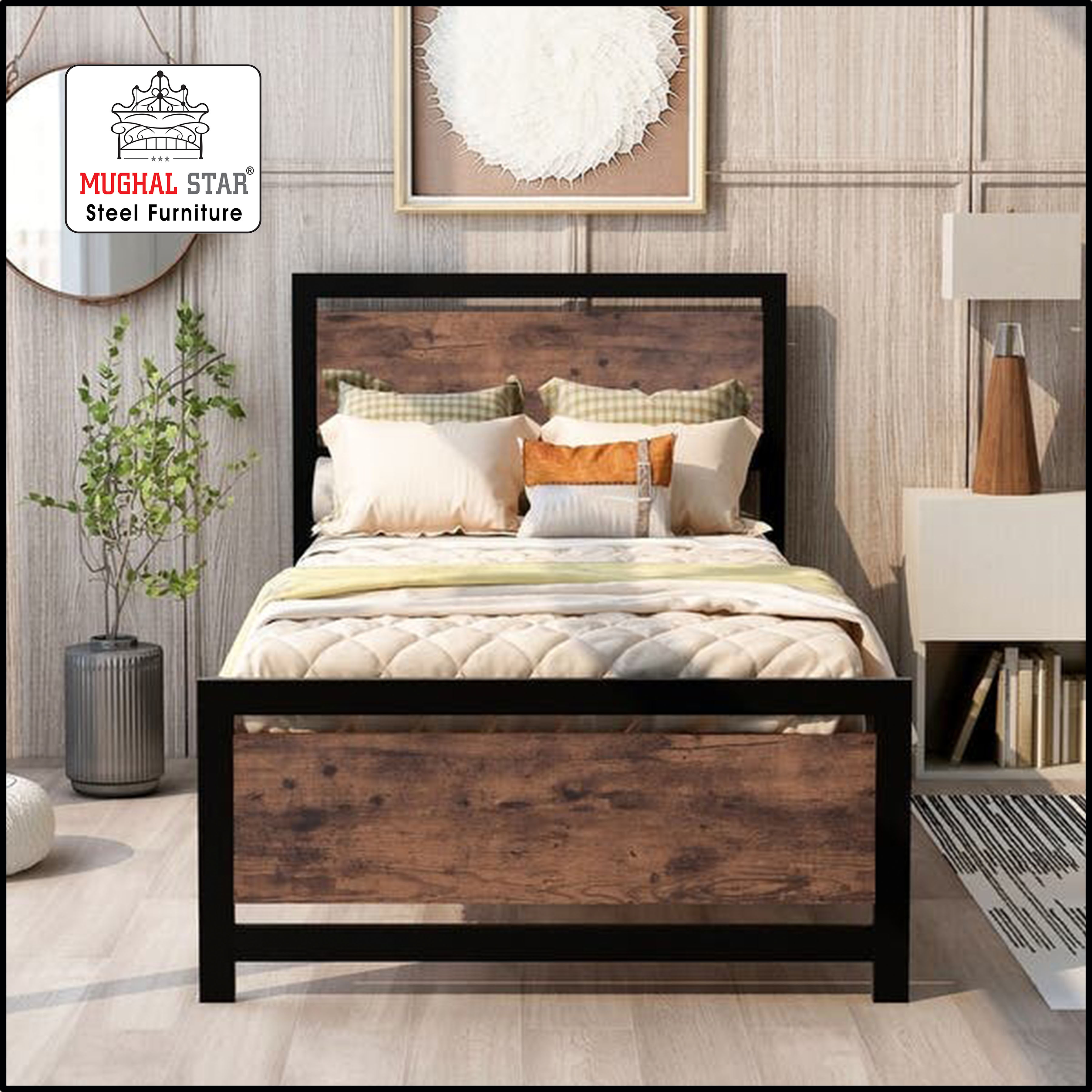 Iron Wood Bed Single / Iron Bed / Mughal Star Steel Furniture