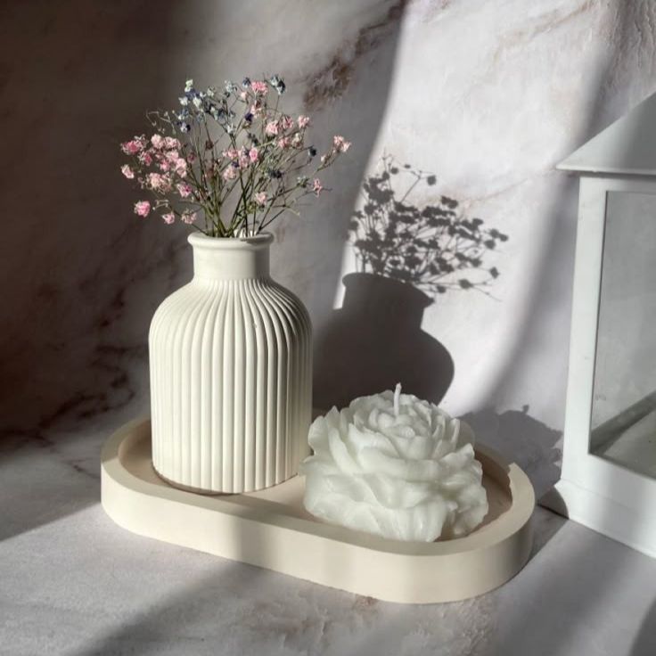 Set of 3 Mini Flower Vase Oval Tray & Peony Rose Candle Is Best for Home Decor, Modern Minimalist Home Decorative Set