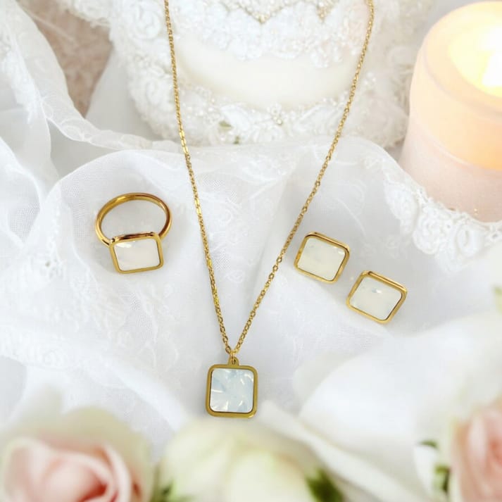 Gold Sunshine White & Black Square Pendant Set with Ring Necklace Earrings for Girls | Stylish Anti Tarnish Square Jewelry | Fashionable Gold Plated Set | Party Wear Pendant Necklace for Women | Trendy Gift Jewelry Set for Girls on 