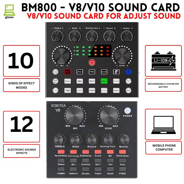 V8 Sound Card & V10 Sound Card Bluetooth Audio Mixer & Voice Changer - 12 Sound Effects Lithium Rechargeable Battery - For Live Streaming & Broadcasting & Podcast - Compatible With PC Computer - Black