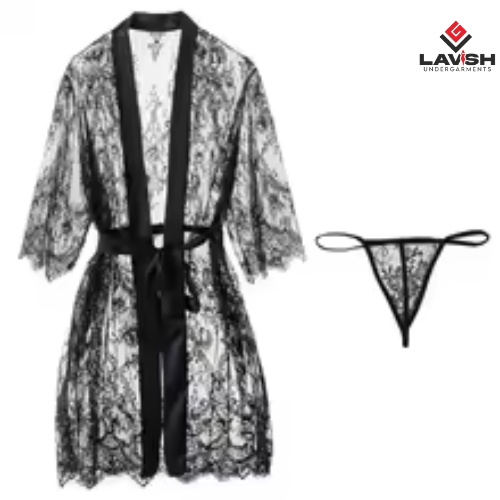 Elegant Evening Robe – Lace & Tulle with Tie With Panty Pajama Dress Lingerie Long Sleeve Nightgown Sleepwear Women Bridesmaid Bathrobe