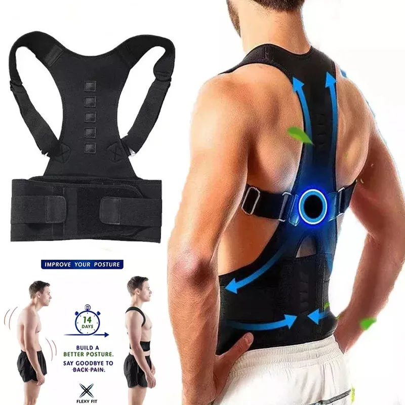 Back Brace Posture Corrector - Magnetic Support for Neck Shoulders and Lower Back Pain Relief - Adjustable Belt Black
